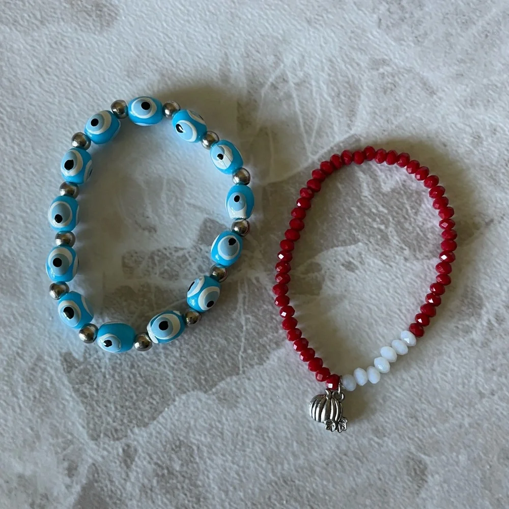 Kid's stretchy bracelet, Blue eyes beads, red & white rondelle- 2 strands